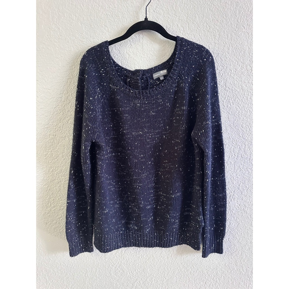 Market & Spruce Navy Speckled Button Back Sweater Elbow Patches SFJ7024